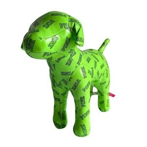 Pink Victoria's Secret Green Love Stuffed Plush Dog 9.5 Preowned